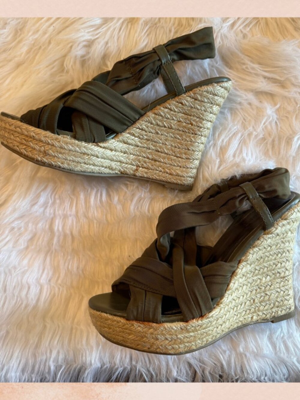 Nine West Deep Olive Green Soft Fabric Strappy Wedge Espadrilles